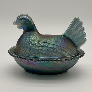 Iridescent Blue Indiana Glass Hen on Nest Carnival Vintage